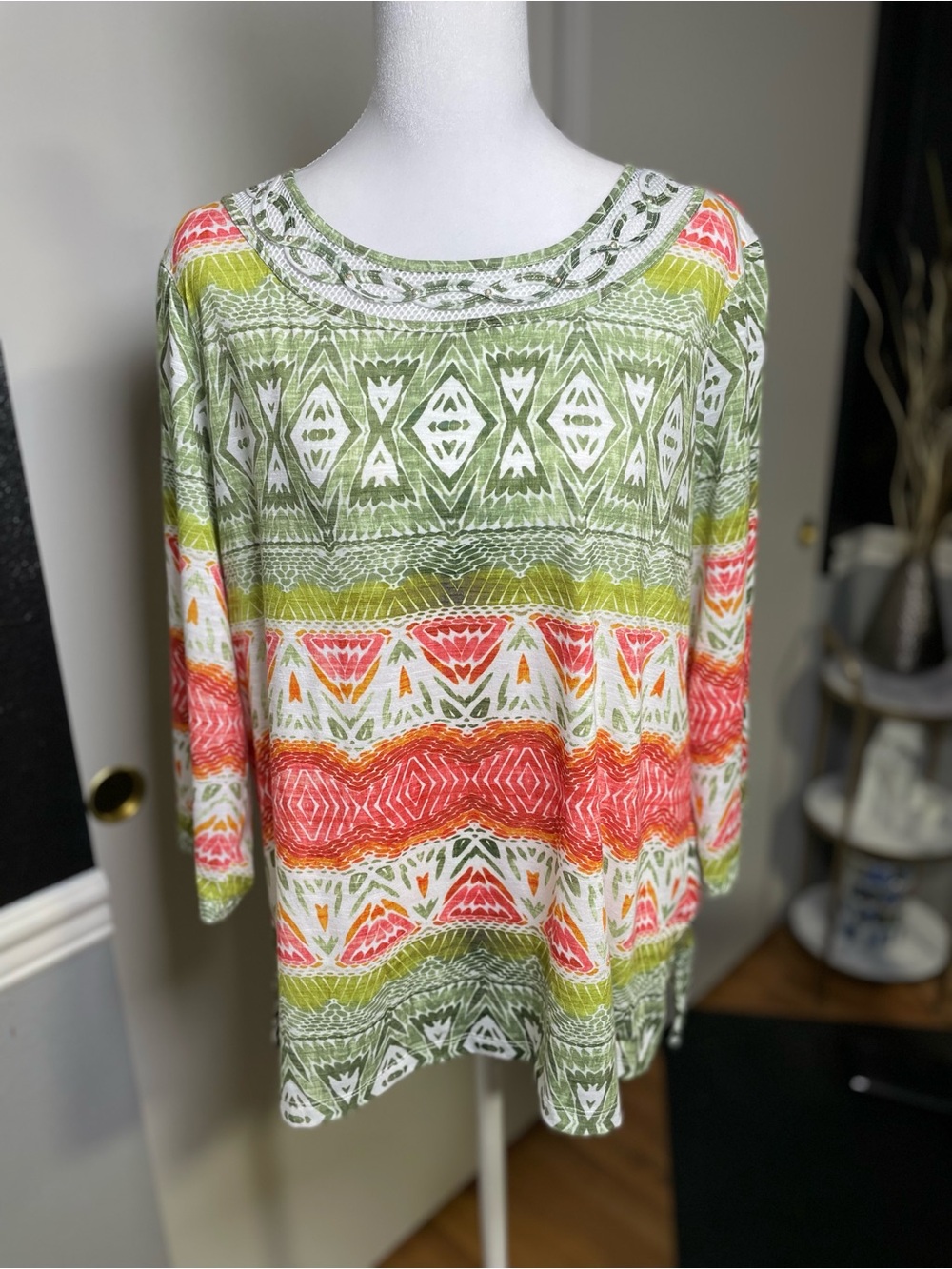 Alfred Dunner Multicolor Scoop Neck Tunic - Green, Coral, White